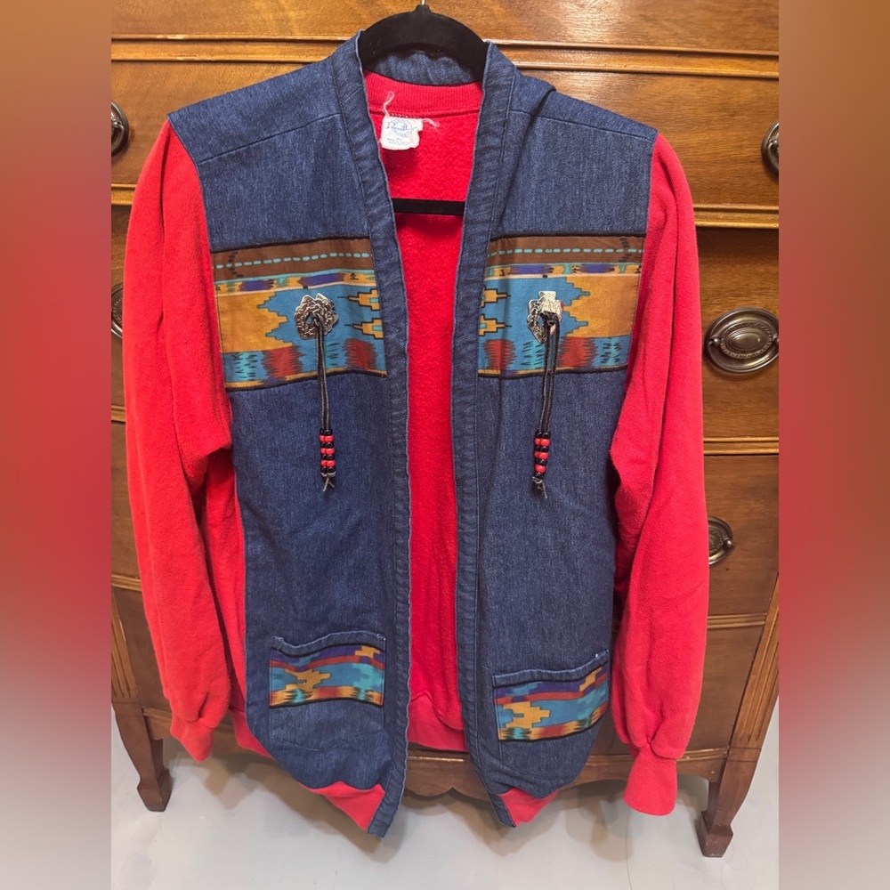 Vintage Pannill Denim Jacket With Southwest Tribal Design and Conchos Women’s2XL